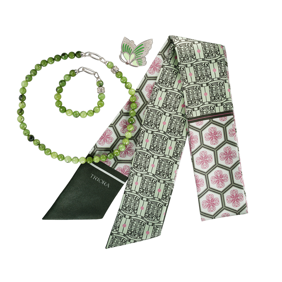 Бренд TRIORA, коллекция Китай: колье из натурального нефрита, дизайнерская брошь и шелковый шарфик Твилли