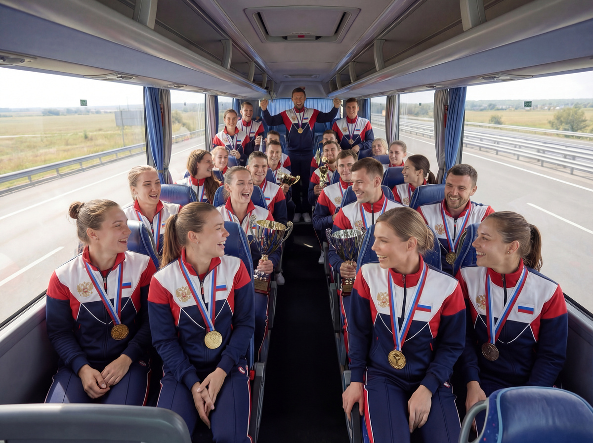 Команда предприятия г. Воронеж возвращается со спартакиады в спортивных костюмах «Гранат» 