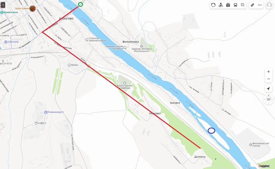 Зеленый круг - место перед мостом, где встретились ребята, синий круг - остров, где нашли тело Юрия. Красной линией показан маршрут погони. Фото: Яндекс.Карты