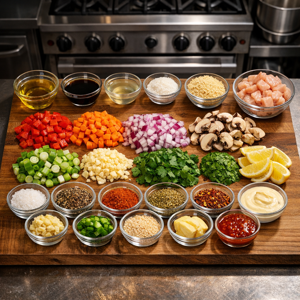 Всё, что нужно для mise en place дома: маленькие миски, мерные ложки и большая разделочная доска. Никаких специальных покупок — скорее всего, большая часть уже есть у вас на кухне