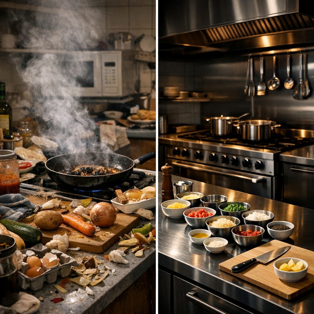 Разница между хаосом и спокойствием на кухне — это не опыт и не талант. Это система подготовки. Слева — как готовит большинство из нас. Справа — как работает профессионал