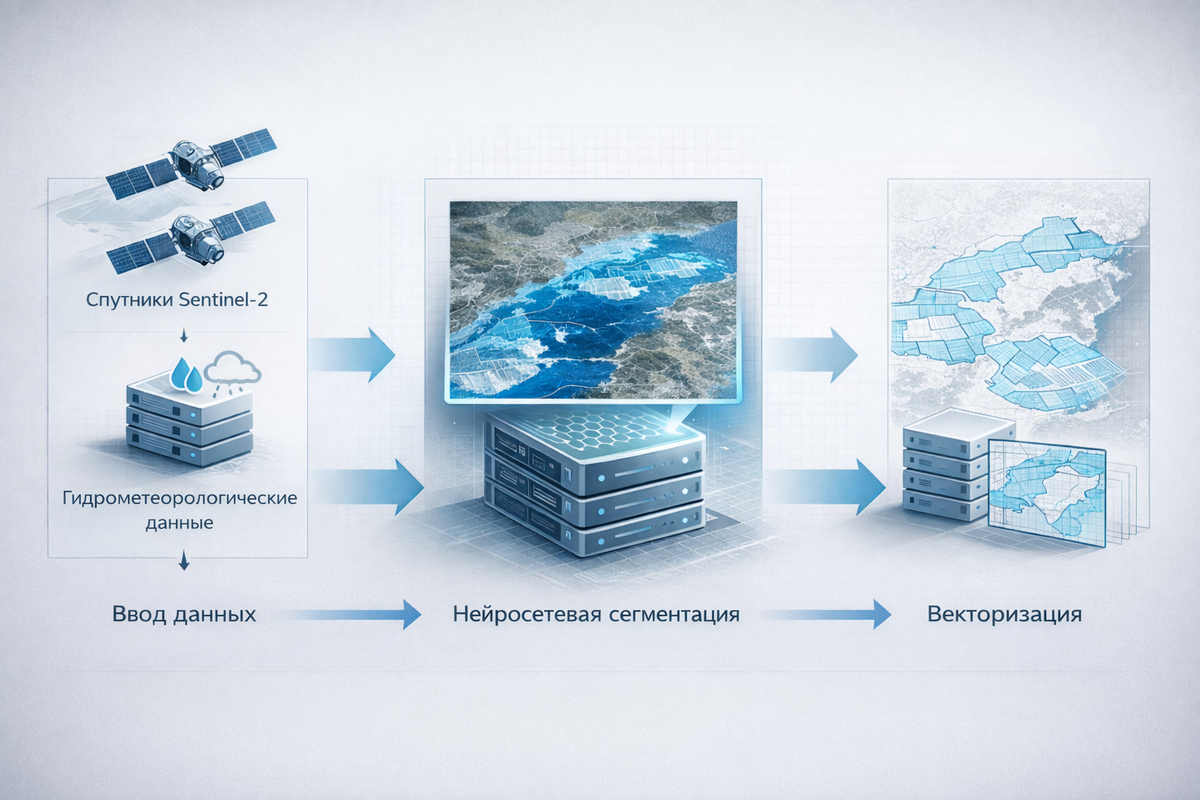 Технологическая схема определения границ зон затопления на основе спутниковых данных и нейросетевой сегментации