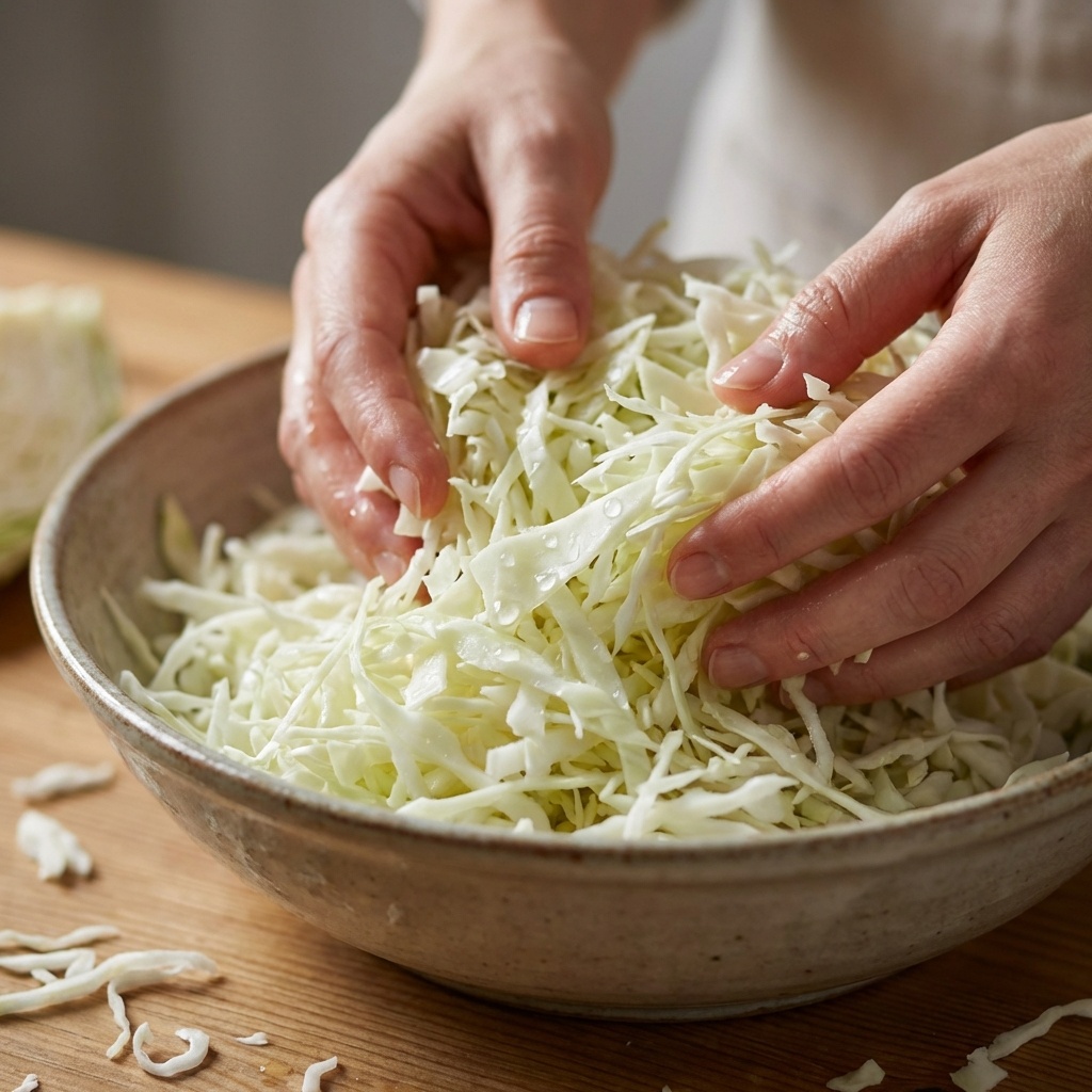 Не ленитесь мять руками — это превращает жёсткую капусту в нежный салат