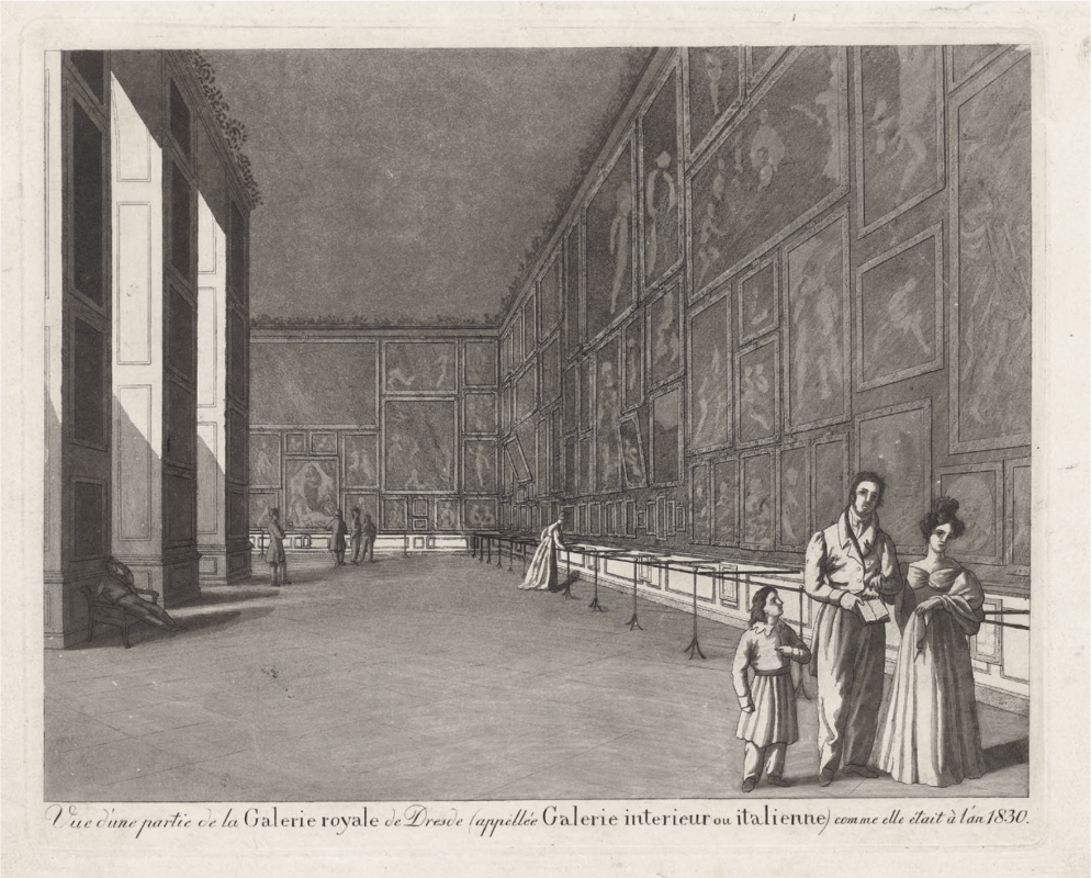 Неизвестный гравер. Интерьер Итальянского зала Картинной галереи старых мастеров на западной стороне Ноймаркта в Дрездене. После 1830. Офорт, акватинта
Гравюрный кабинет, Государственные художественные собрания