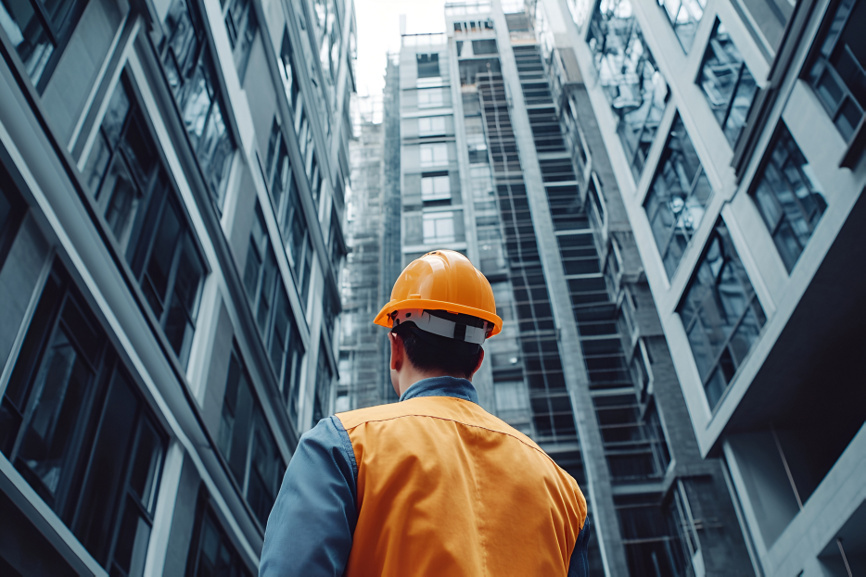 Инженер в каске осматривает фасад строящегося высотного здания 