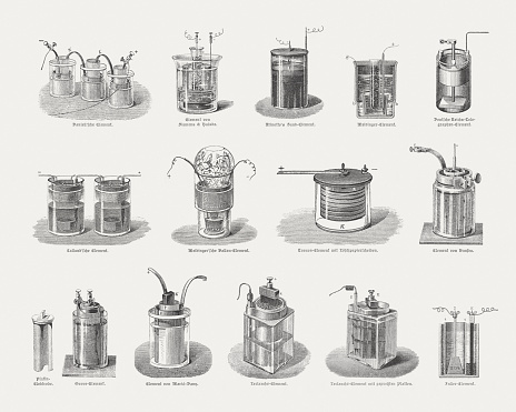 Гальванические элементы и батареи. Гравюра XIX в.