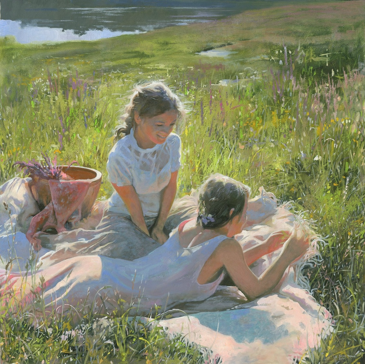 КАРТИНА СОВРЕМЕННОГО РОССИЙСКОГО ХУДОЖНИКА ДЕНИСА ЧЕРНОВА / 2017 Летний день на траве  91х91см холст, масло