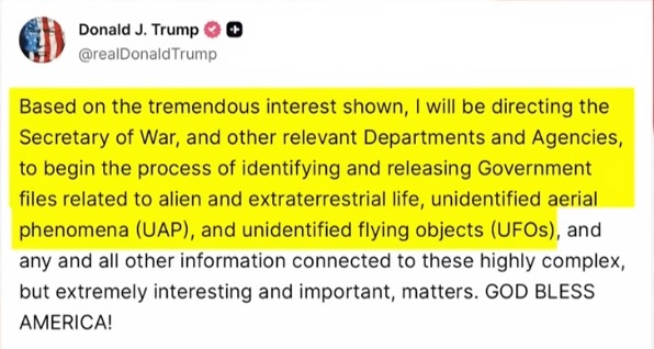 Дональд Трамп: «В ответ на чрезвычайный интерес граждан я прикажу министру обороны и руководителям других департаментов обнародовать государственные документы по НЛО и жизни на других планетах» (источник: Twitter)
