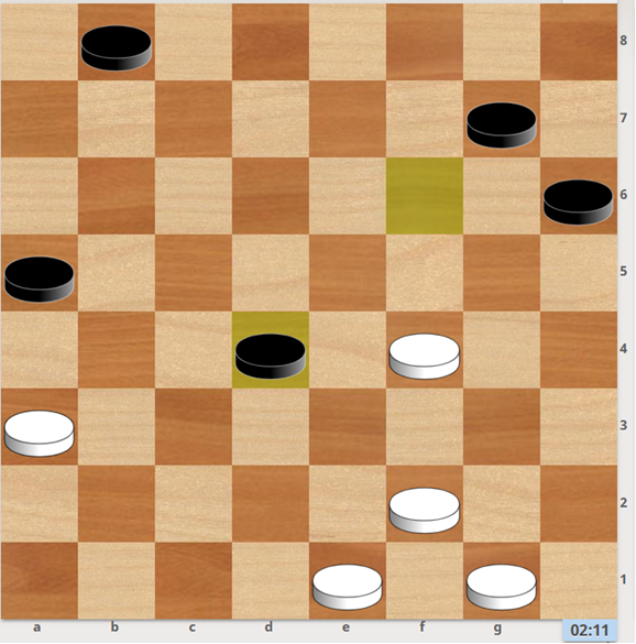 1. f4-g5 h6xf4 2. f2-e3 f4xd2 3. e1xe5 b8-c7 4. g1-f2 c7-b6 5. f2-e3 b6-c5 6. e3-f4 g7-h6 7. e5-f6 c5-d4 (7… ab4 8. f6-e7 d4-c3 9. e7-f8 c3-d4=) 8. f6-e7 d4-c3 9. e7-d8 c3-d2 10. d8-f6 d2-e1 (10…ab4 11... d2-e1=) 11. f6-c3 2-0