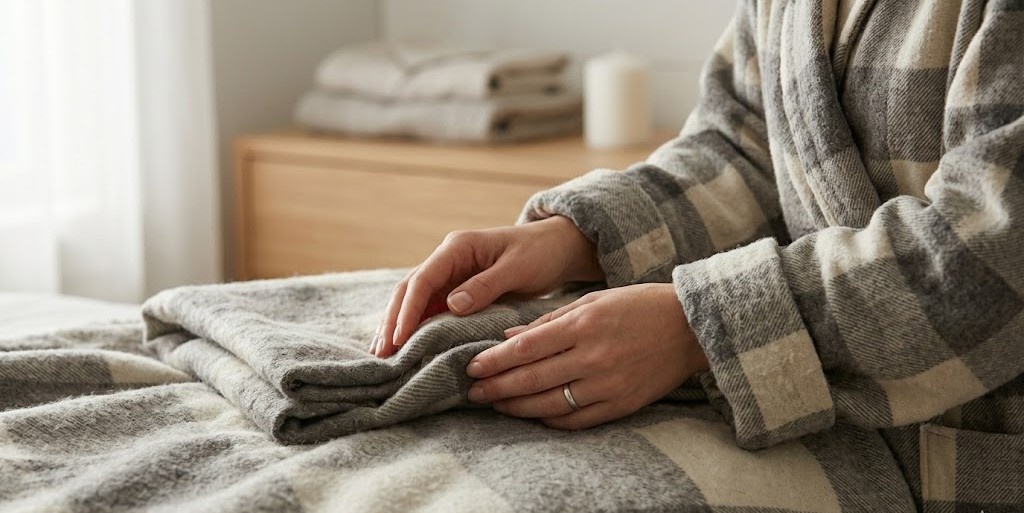 Тактильное прощание. Фланель была нашим верным союзником в морозы, но сейчас время нежно свернуть её и убрать. 