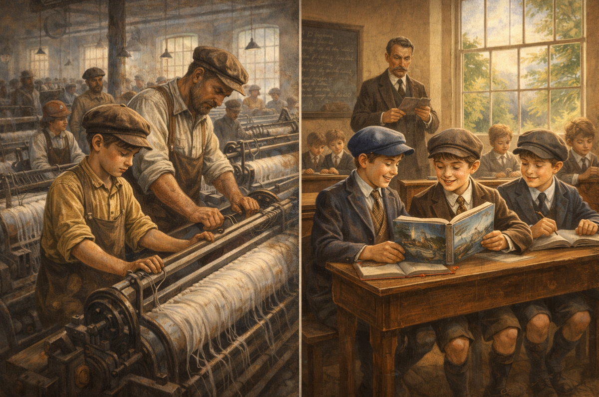 Всё изменили законы об обязательном образовании и запрете детского труда. В 1870-х годах Британия, Германия, Франция, а вслед за ними и Америка начали вводить обязательное начальное обучение