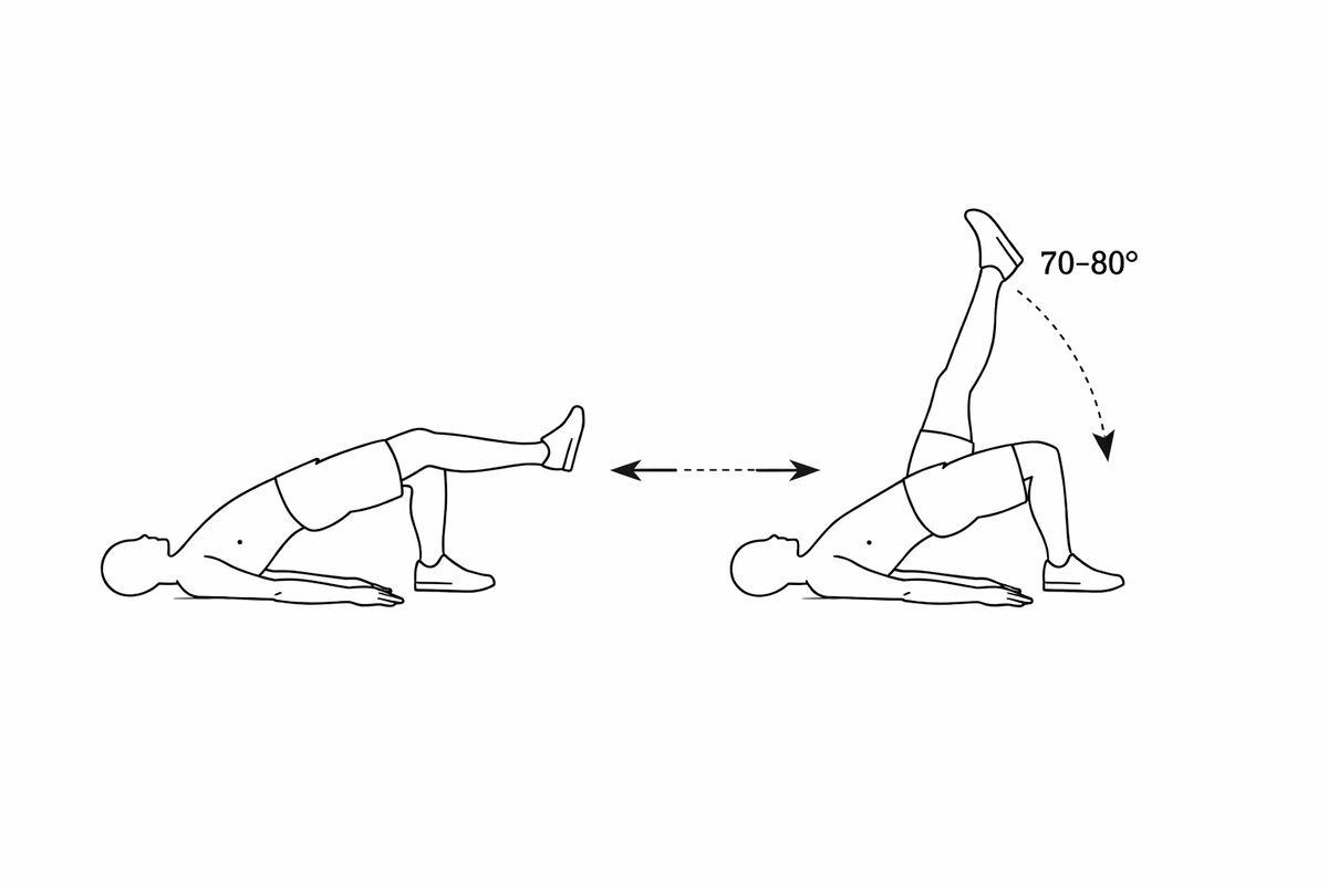 Подъем ноги из ягодичного мостика - 12 раз на ногу (для усложнения задержите ногу в нижней точке не ставя на пол)