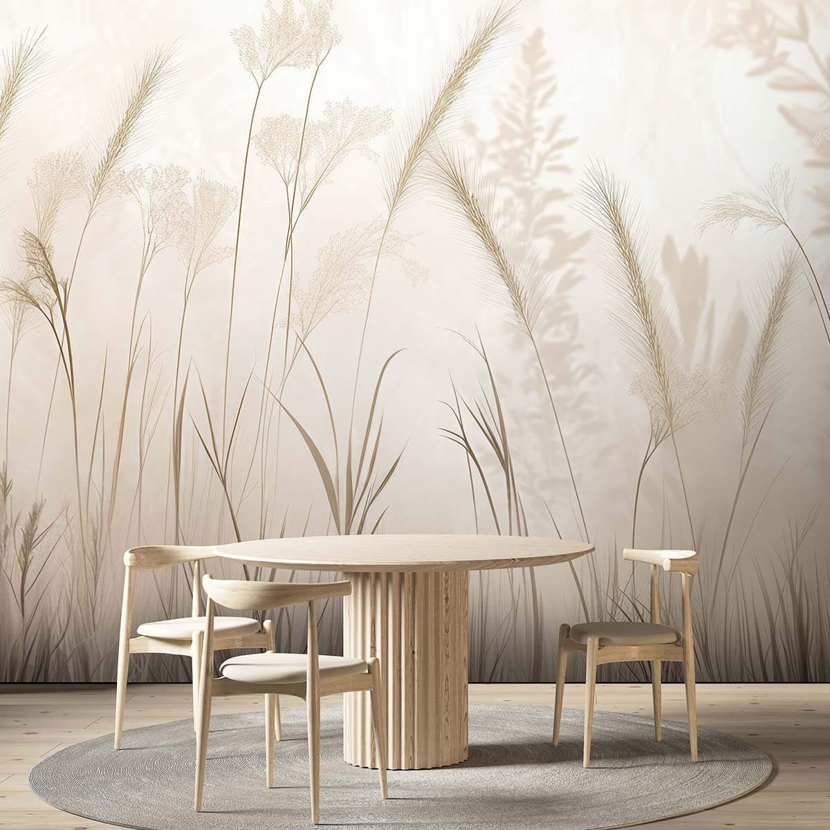 Пример отделки стены обеденной зоны фотообоями VEROL с растительным рисунком в теплой бежевой гамме. 