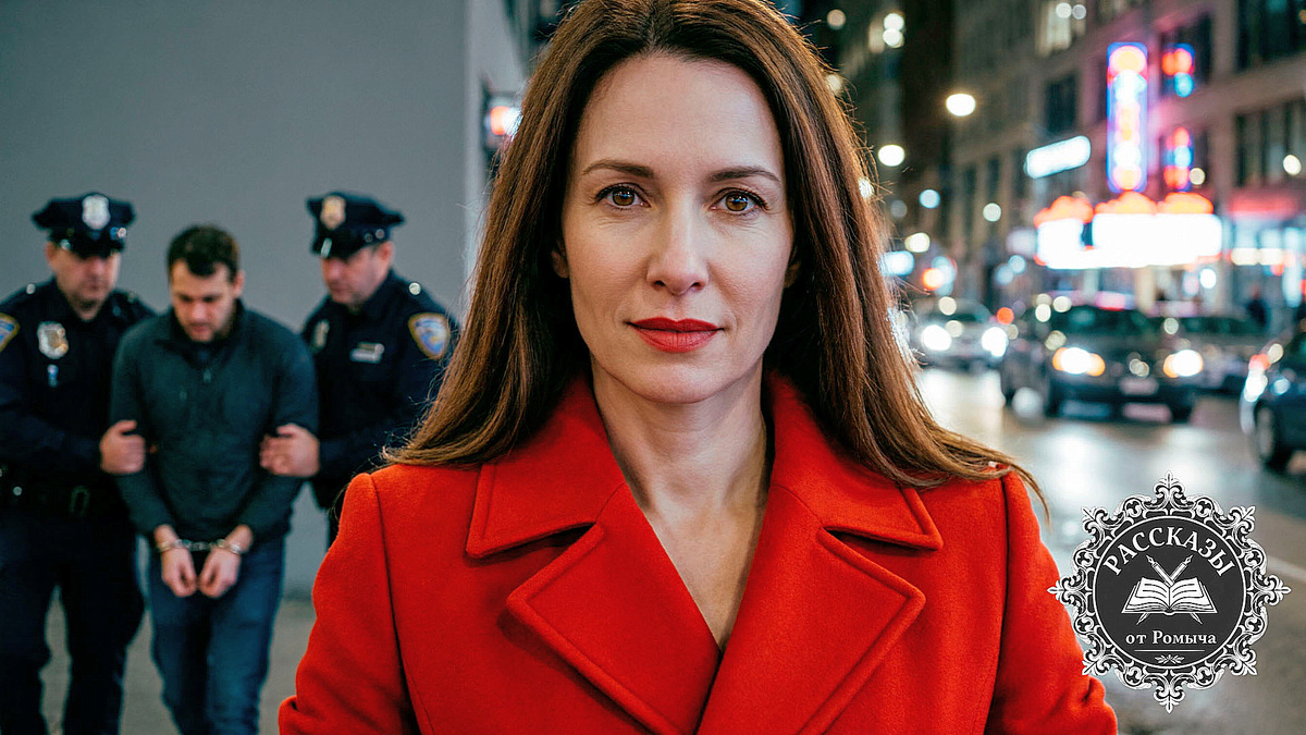 Женщина в красном пальто на фоне задержания преступника