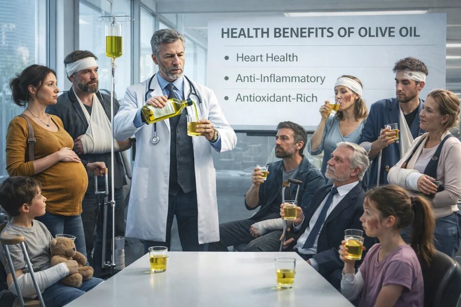 Доктор в кабинете наливает оливковое масло в мерный стаканчик пациенту, вокруг очередь людей с перевязанными руками и ногами, символ универсального рецепта «оливковое масло от всех болезней