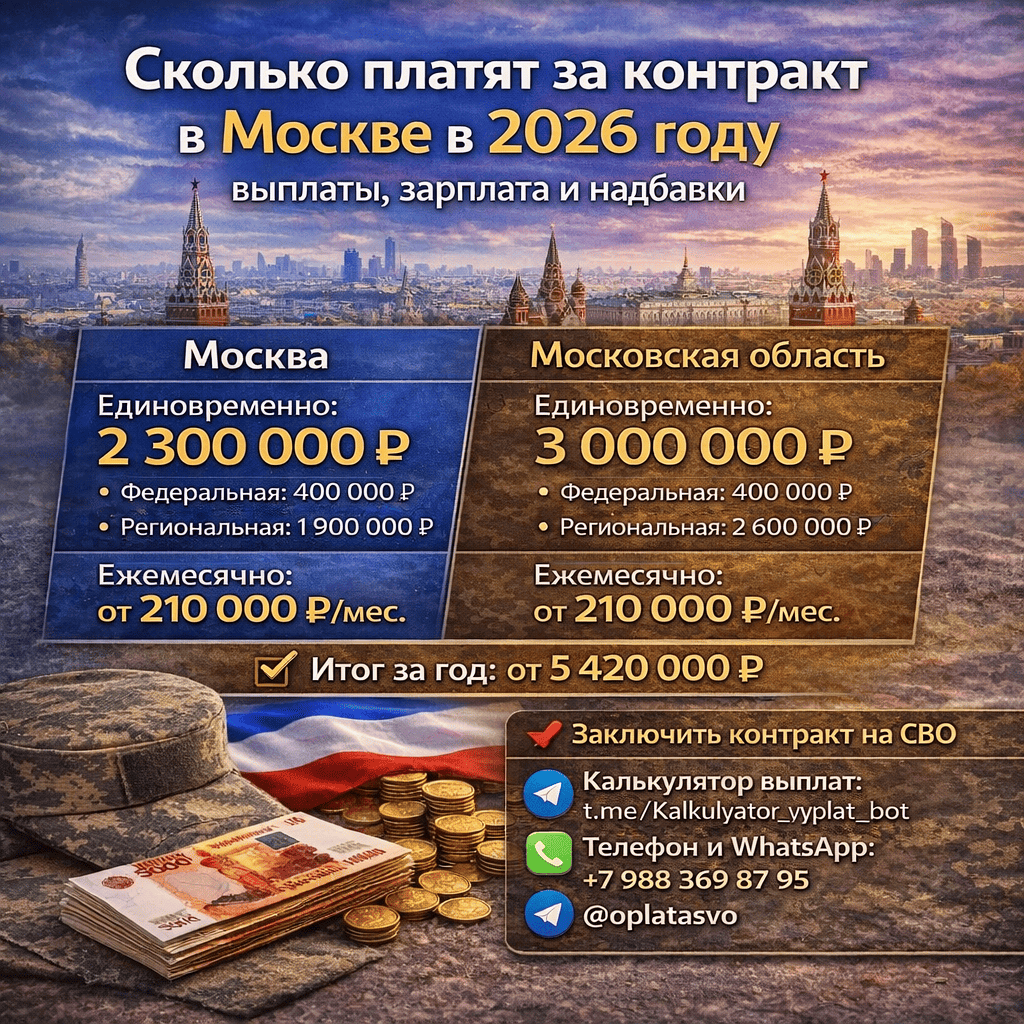Сколько платят за контракт в Москве и Подмосковье в 2026: 2,3–3 млн единовременно + от 210 тыс. в месяц