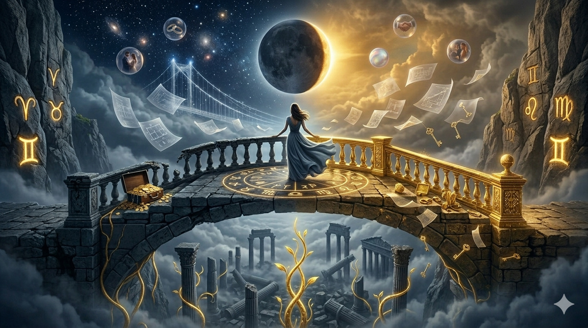 Близнецы, март начнётся с землетрясения под вашими ногами. Старый фундамент трещит — и это хорошо. То, что рушится, давно пора было отпустить. А новый мост уже строят прямо над пропастью. Карьерный прорыв придёт не через силу, а через готовность шагнуть туда, где опоры пока не видно. Но они есть. Поверьте. 🌉🌑✨