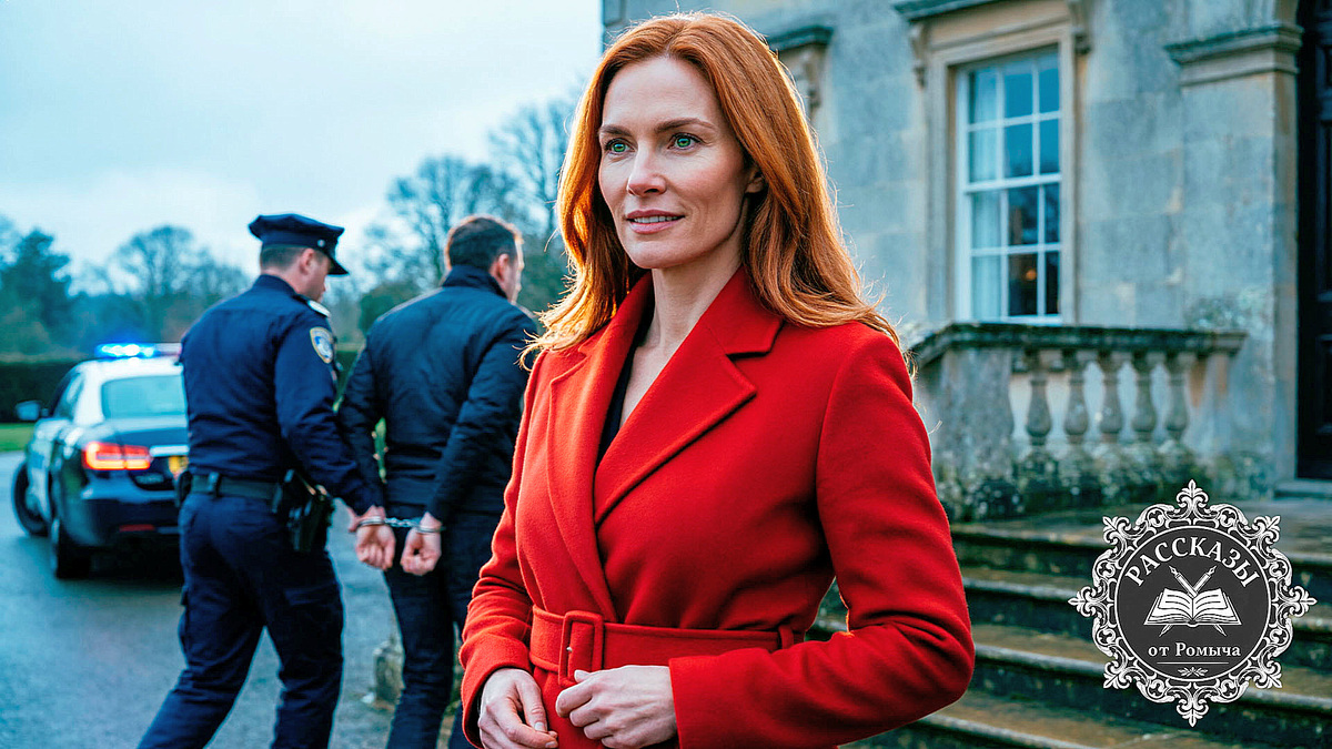 Торжествующая женщина в красном пальто наблюдает за арестом мужа-предателя на крыльце дома