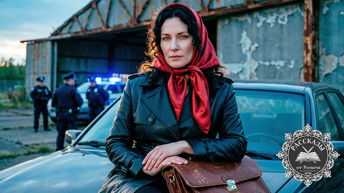 Женщина в красном платке и кожаном плаще сидит на капоте машины на фоне места задержания преступника