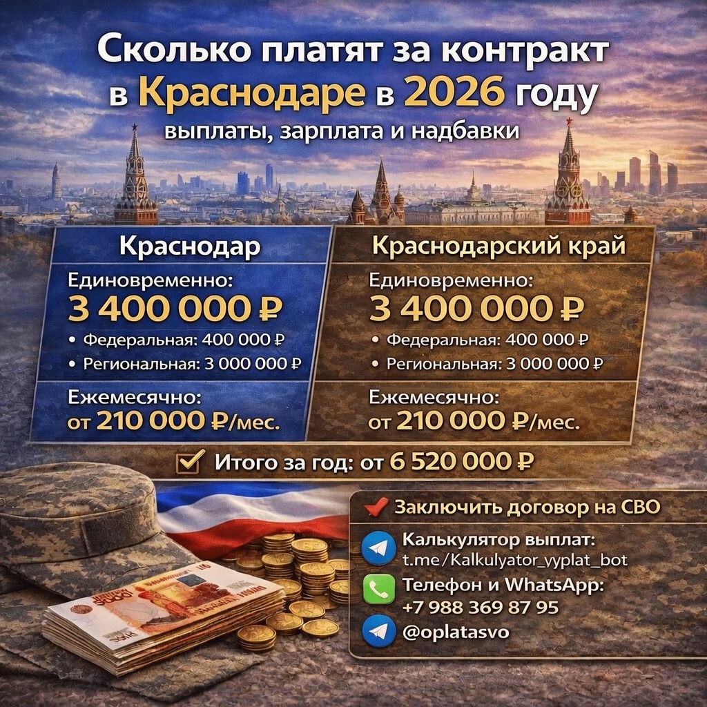 Сколько платят за контракт в Краснодаре и Краснодарском крае в 2026: 3,4 млн единовременно + от 210 тыс. в месяц