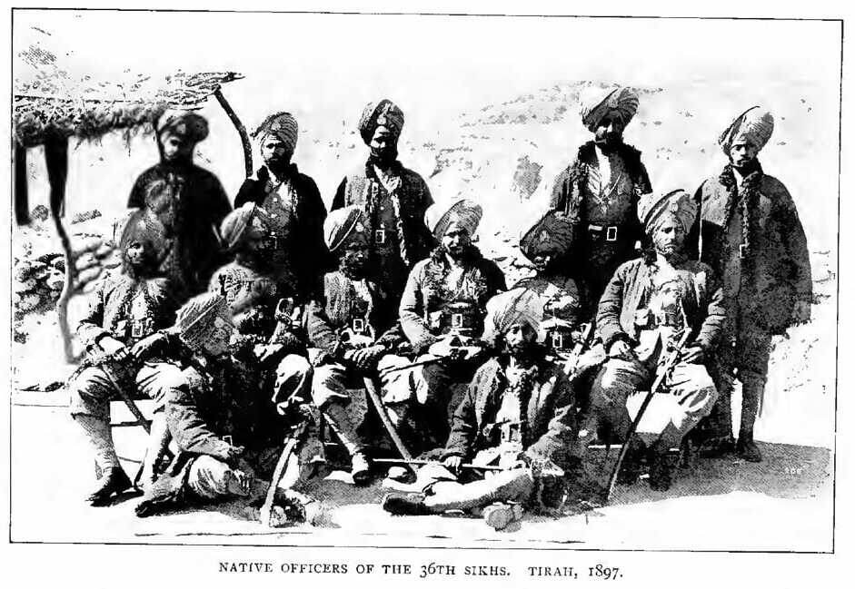 Фотография с подписью «Коренные сикхи 36-го Сикхского полка». Тира, Британская Индия, 1897
