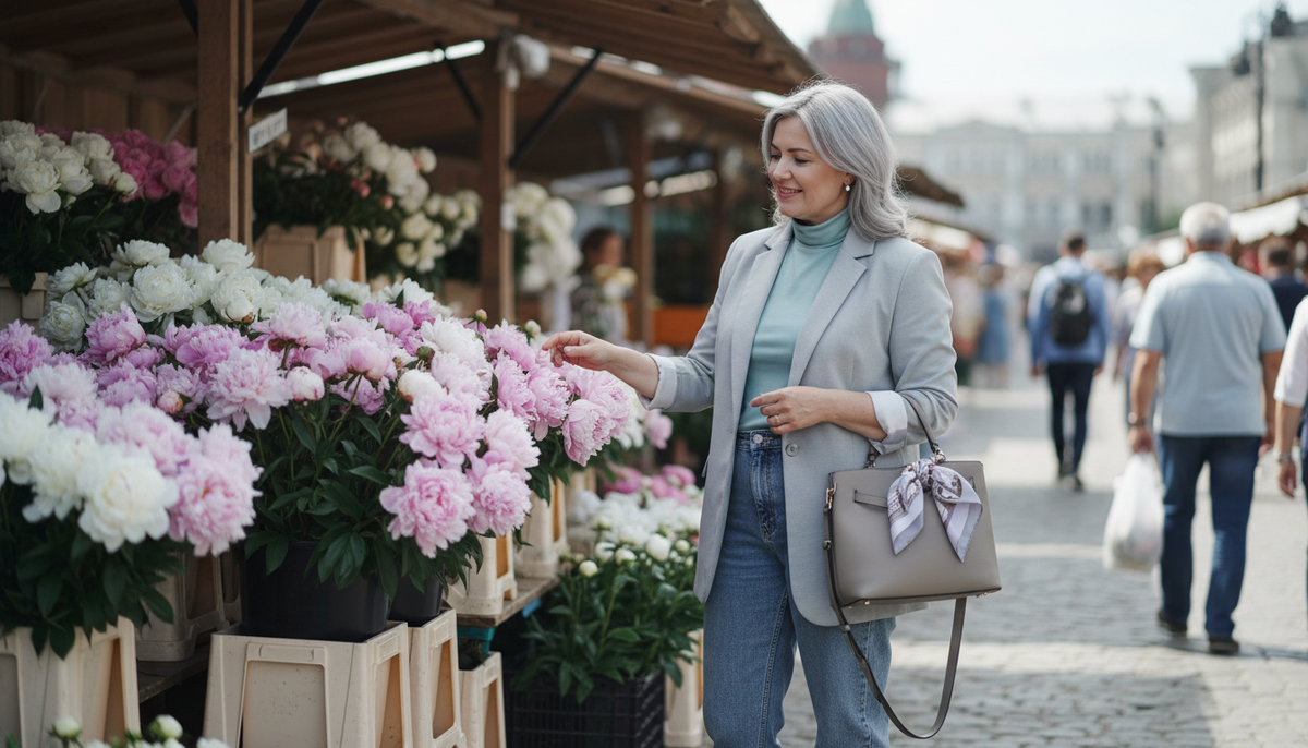 Серый жакет, бирюзовая водолазка, джинсы и кроссовки"