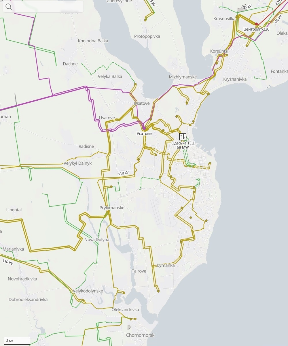 Одесский энергоузел: малиновое – 330 кВ, красное – 220 кВ, жёлтое – 110 кВ, зелёное – 35 кВ
