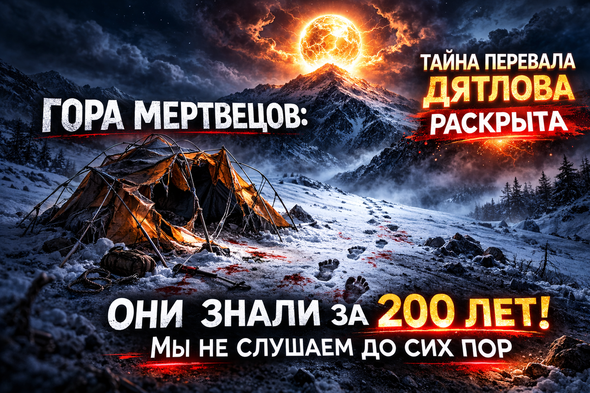 Разрезанная палатка на заснеженном склоне, цепочка босых следов, уходящая в темноту, и светящийся шар над вершиной горы.