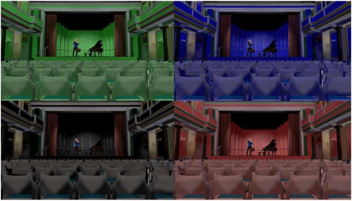    Виртуальные концертные залы разных цветов, созданные для эксперимента.