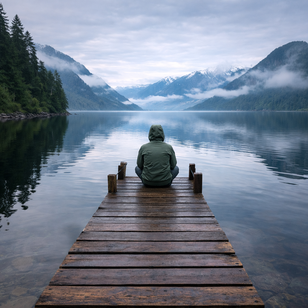 Одинокий момент на мостике у озера