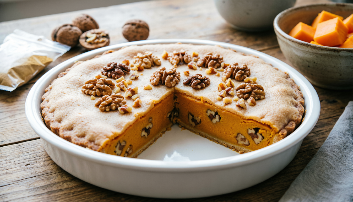 Португальский тыквенный пирог “Torta de Abóbora” по-омски: вместо миндаля — грецкие орехи, вместо корицы — имбирь.  