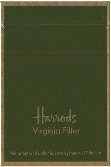 "Harrods" Virginia Filter. Duty Free, Испания, 1980-е годы. 20 штук с фильтром в коробке с откидной крышкой и в целлофане. Производитель: Imperial Tobacco. Владелец торговой марки: Harrods Ltd.