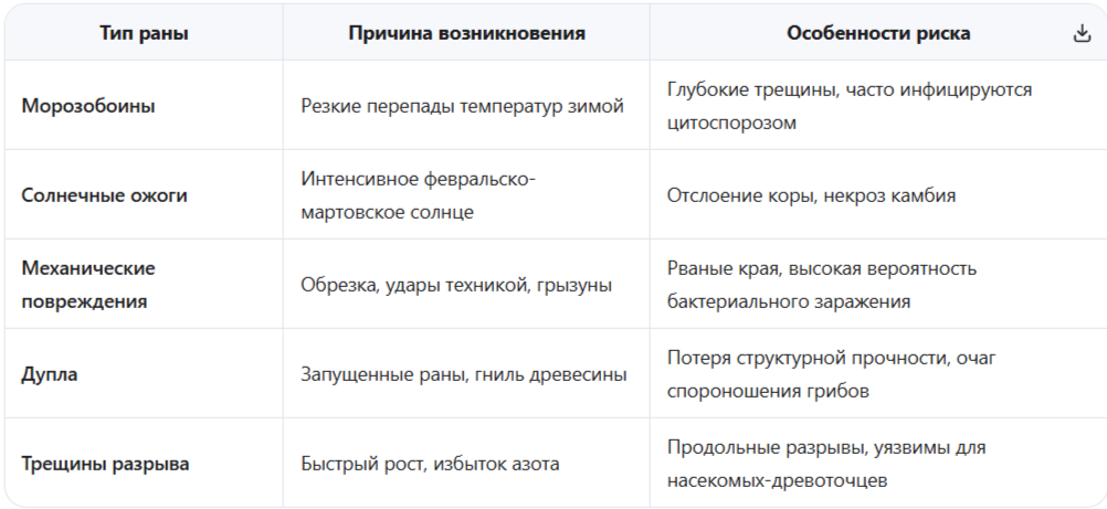 Типы повреждений коры и древесины