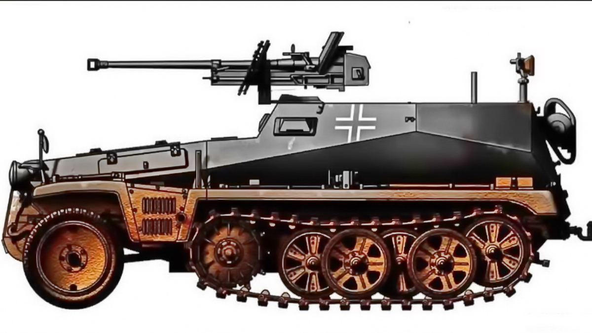 Общий вид боевой разведывательной машины (БРМ) Sd.Kfz.250/11. Хорошо виден удлинённый кронштейн, на котором смонтировано орудие s.Pz.B.41.
