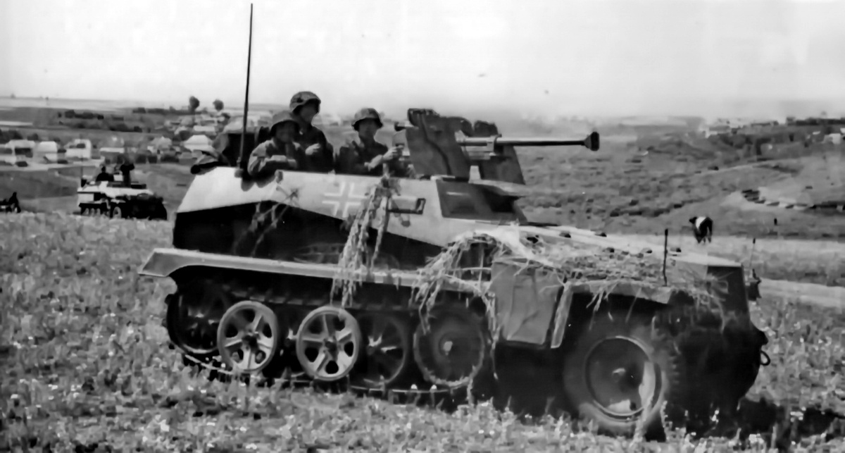 этот Sd.Kfz.250/11 принадлежит 1-ой танковой дивизии СС «Лейбштандарт Адольф Гитлер». Кадр сделан на Украине, скорее всего летом 1942 года. БРМ несёт какое-то подобие маскировки из длинной травы, которая набросана на правое крыло и свешивается с борта боевого отделения.