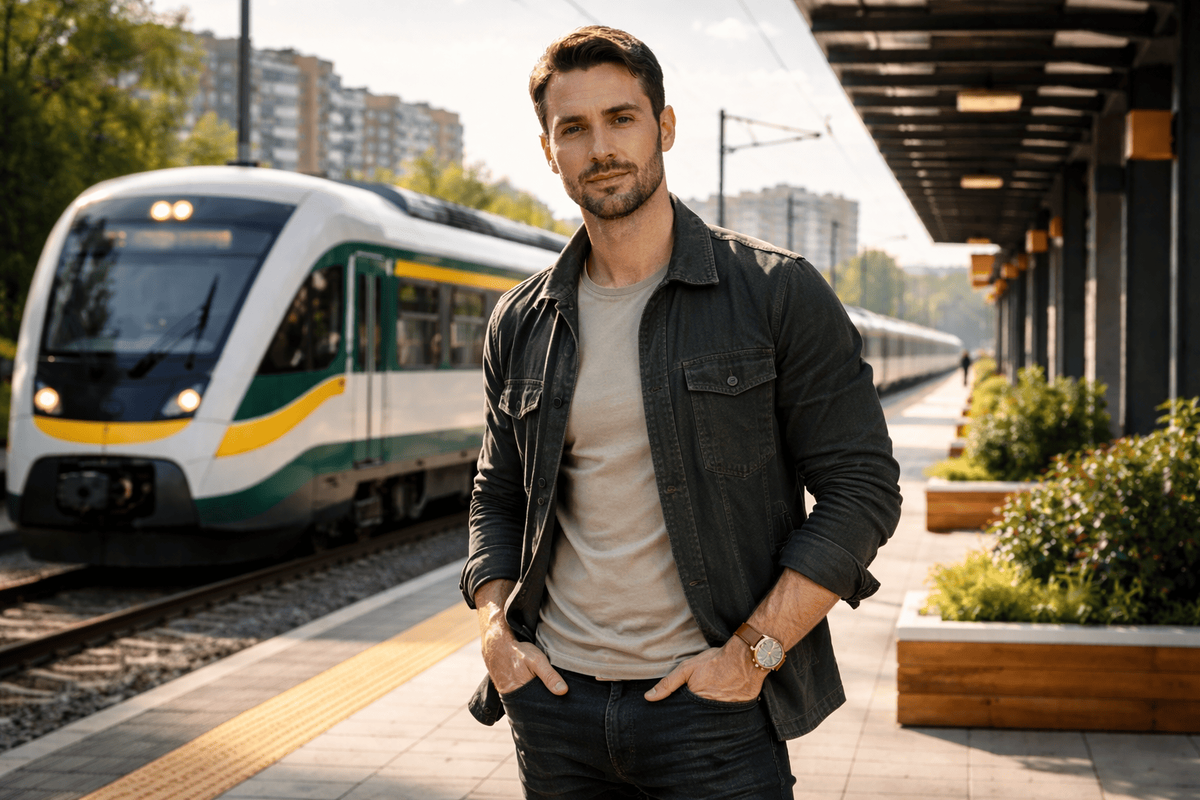 Пассажир на современной платформе МЦД в Подмосковье на фоне поезда и новостроек