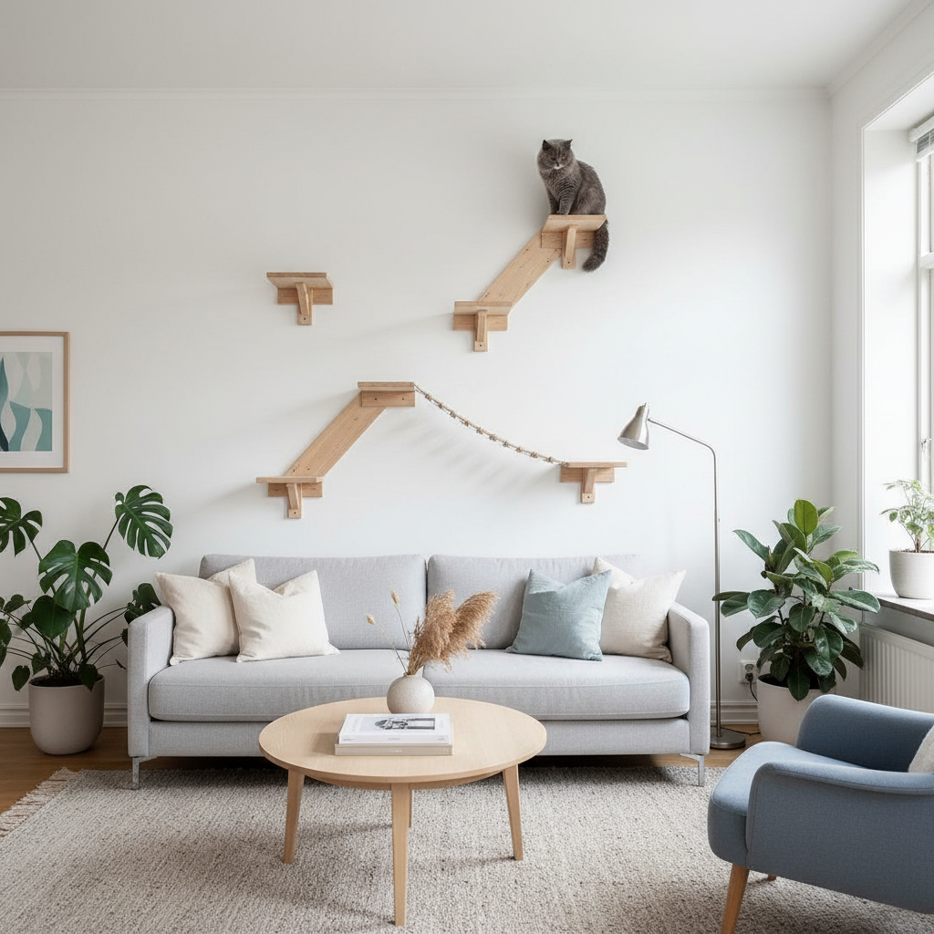 Пример гармоничного сочетания: лаконичные деревянные ступени становятся частью декора стены, не перегружая пространство