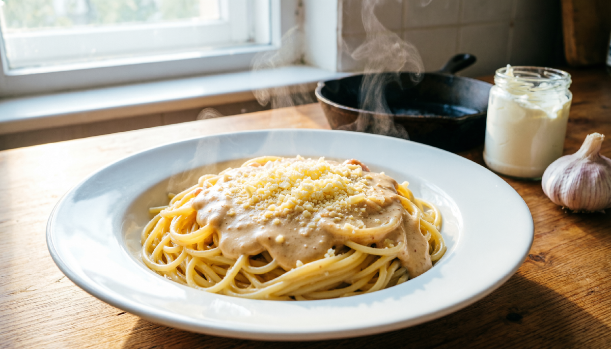 🍝 Испанская паста “Альфредо” по-московски: вместо сливок — сметана, вместо пармезана — “Российский”. 