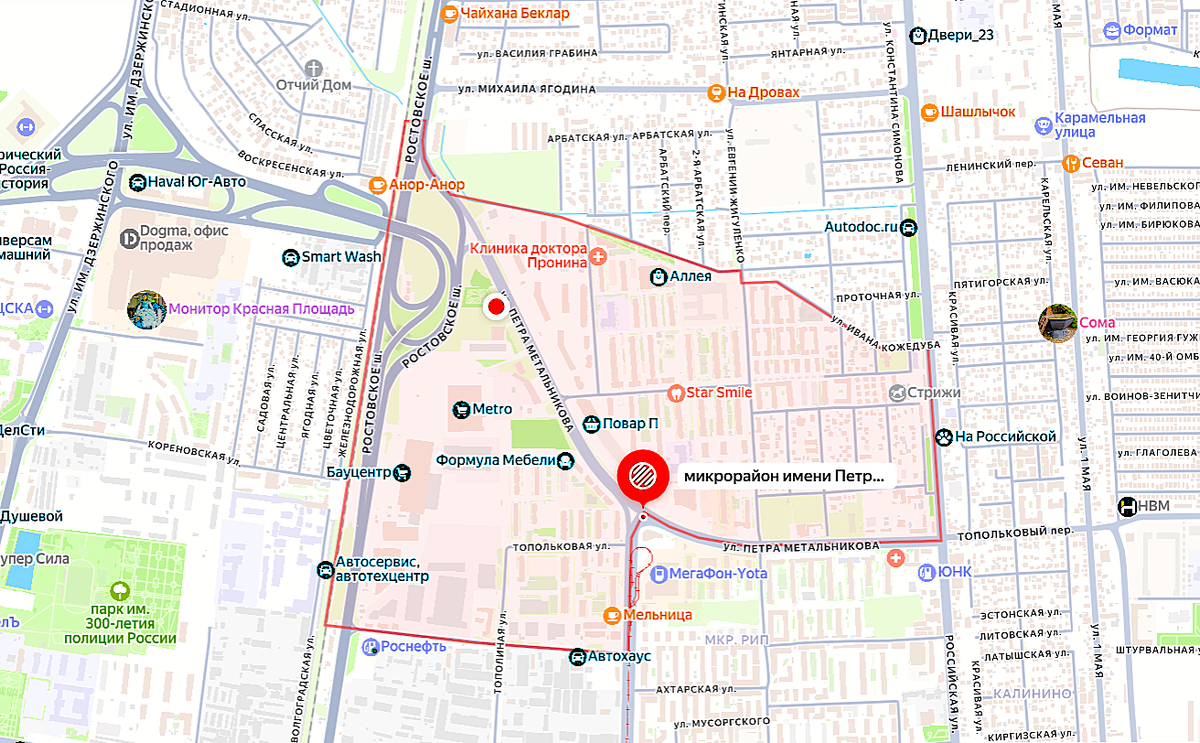 Локация микрорайона Петра Метальникова Краснодар