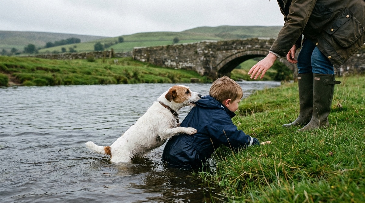Белый терьер с коричневыми ушами стоит на причале у воды