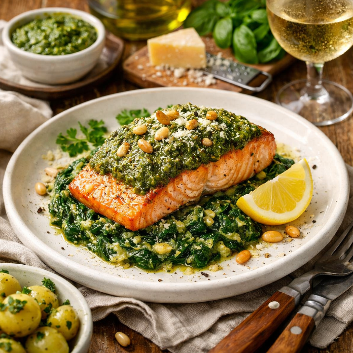 Лосось с соусом песто и шпинатом рецепты от Дарики