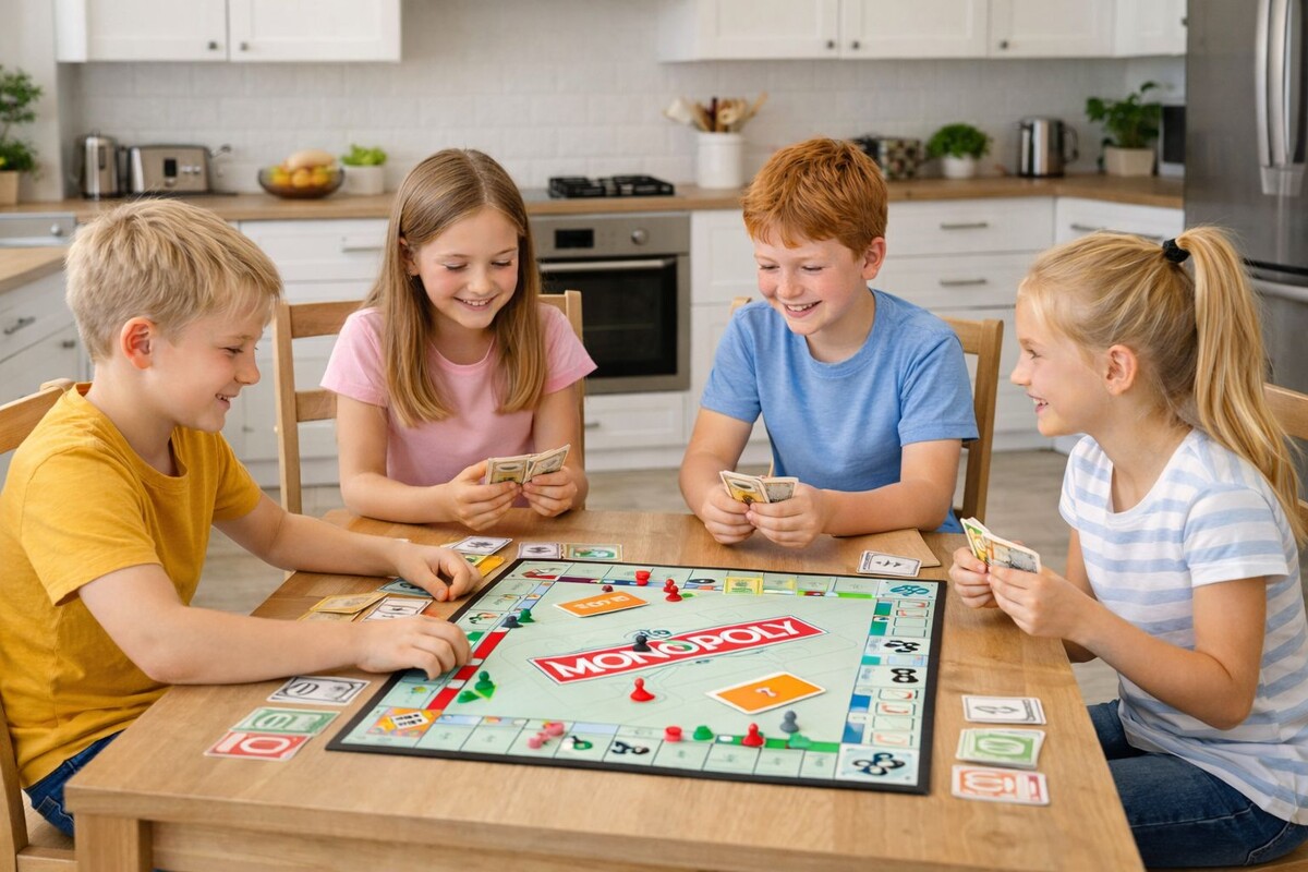 Дети играют в экономическую игру Монополия