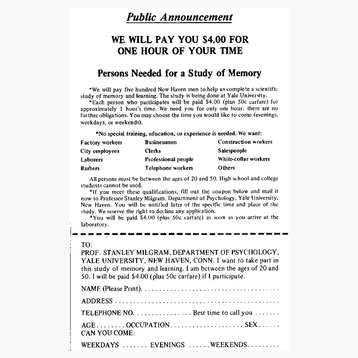 Объявление о поиске добровольцев для участия в экспериментах Милгрэма
