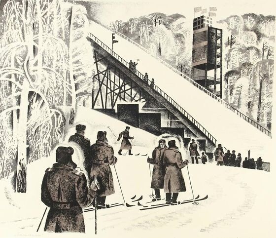 2. Гравюра с лыжным спуском, с большими шансами на Ленинских Горках в Москве.