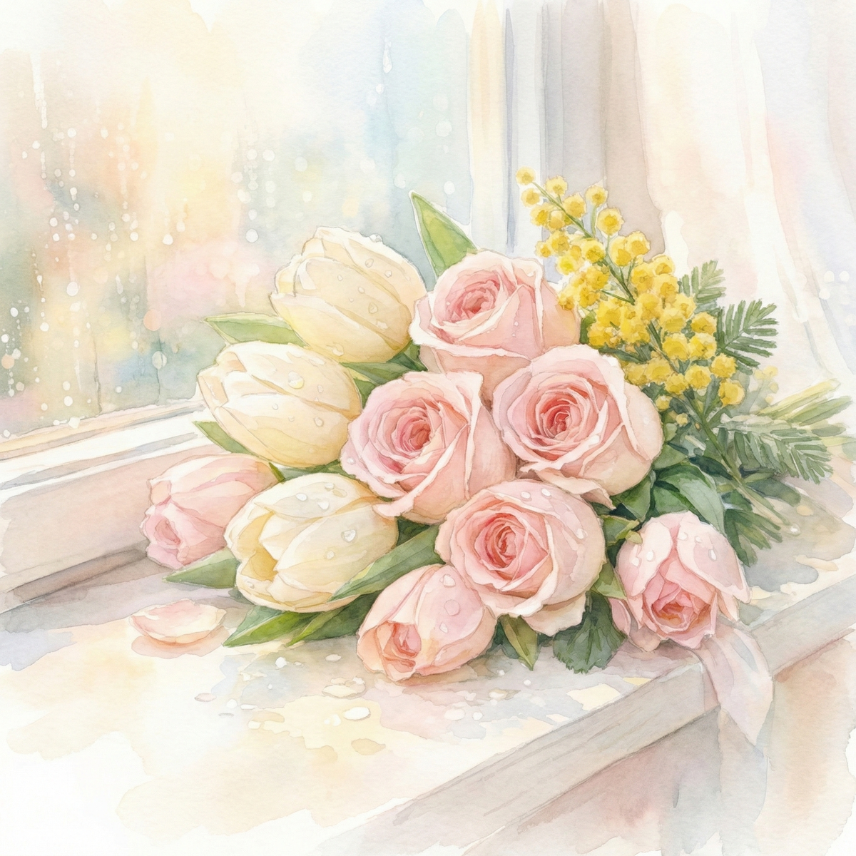 Весенний букет для 8 марта: розы, тюльпаны и мимоза