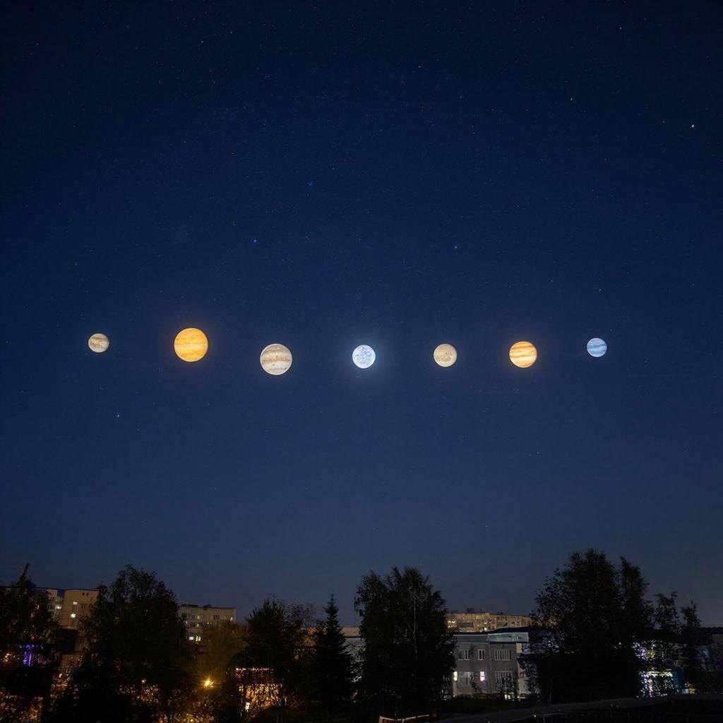 В субботу в параде планет будут участвовать Юпитер, Уран, Сатурн, Нептун, Венеру и Меркурий.  Фото: Изображение сгенерировано нейросетью / Станислав Казаченко