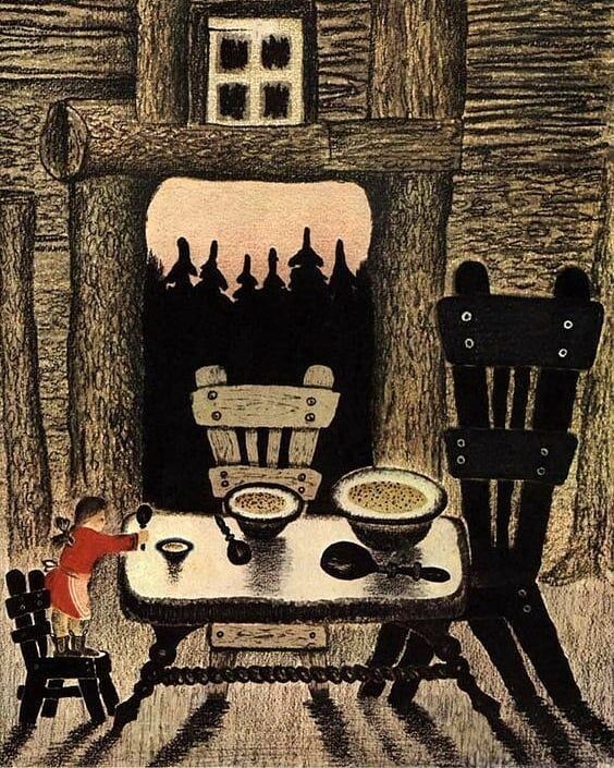 Иллюстрация Юрия Алексеевича Васнецова к сказке «Три медведя». Тревога, надвигающаяся из леса объемна, она чувствуется в длинных тенях, в темных елях, в раскрытой двери избушки.