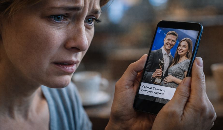 Муж Сергей на сцене, улыбался в камеру, держа награду. А рядом была молодая беременная женщина