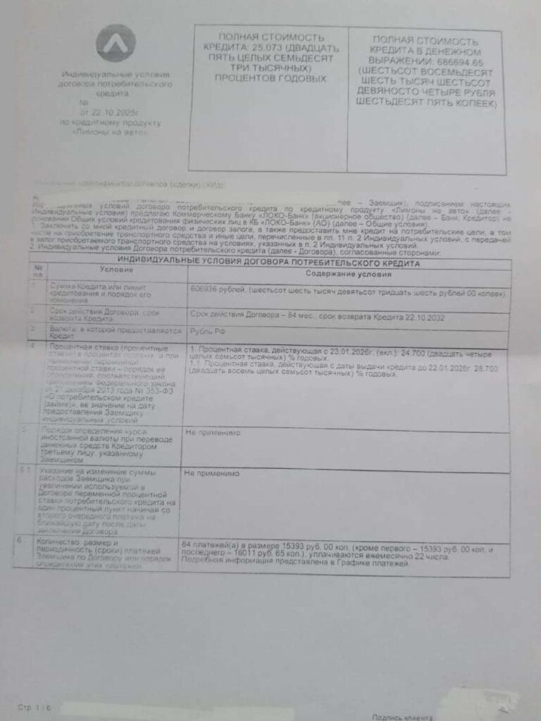 Кредитный договор АО КБ "Локо-Банк"