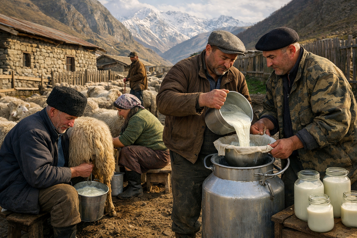 Доят овец где то на кавказе 